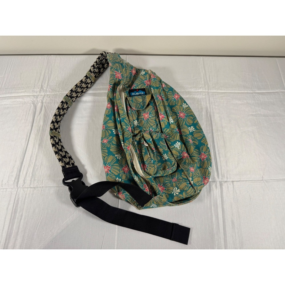 KAVU Rope Bag Teal Floral Canvas Sling Backpack Crossbody Shoulder Bag